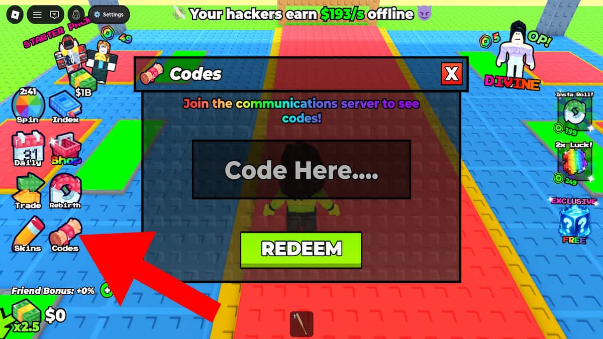 Roblox Fight for Hackers code system. Arrow pointing to the Codes button.