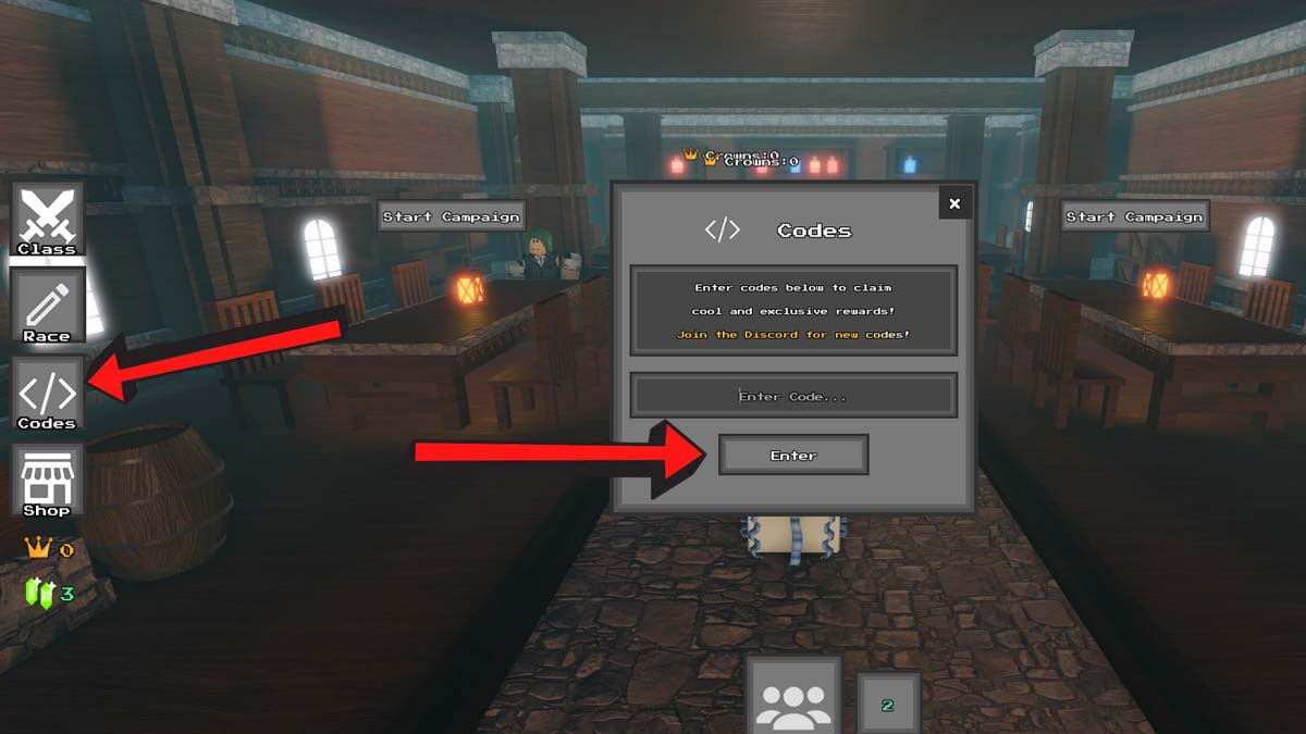 Roblox Guilds code system. Arrows pointing to the Codes button and how to redeem.