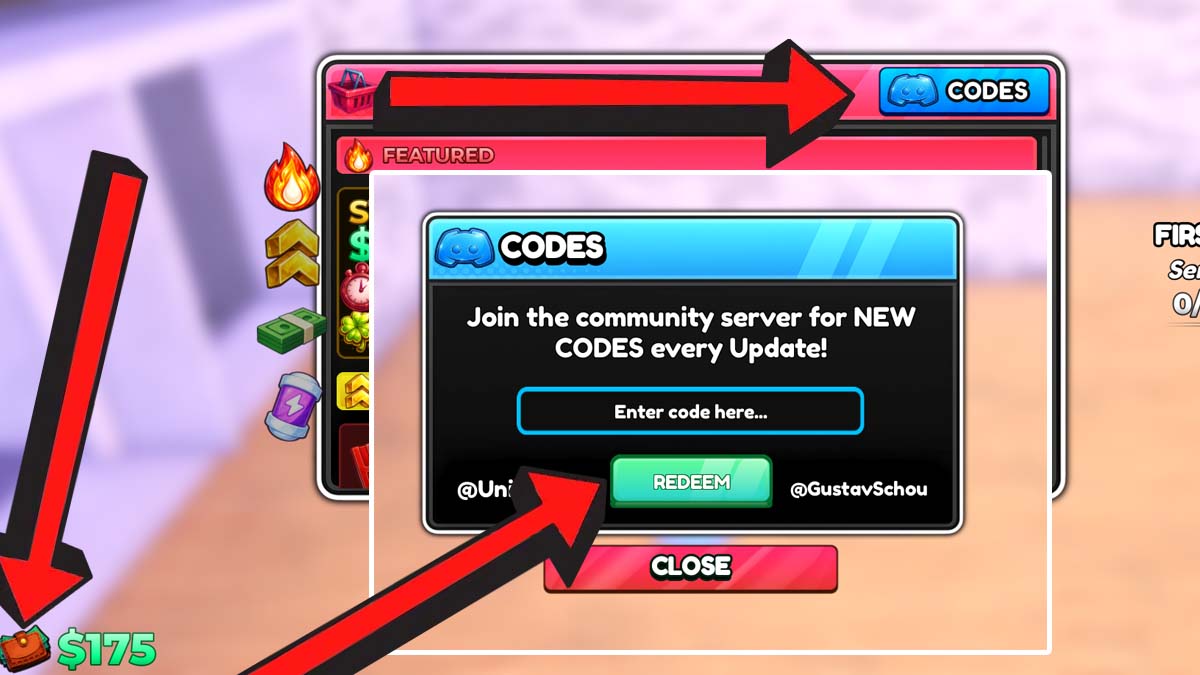 My Gym codes redemption screen showing the arrow pointing to the Wallet icon at the bottom, and the code redemption system.