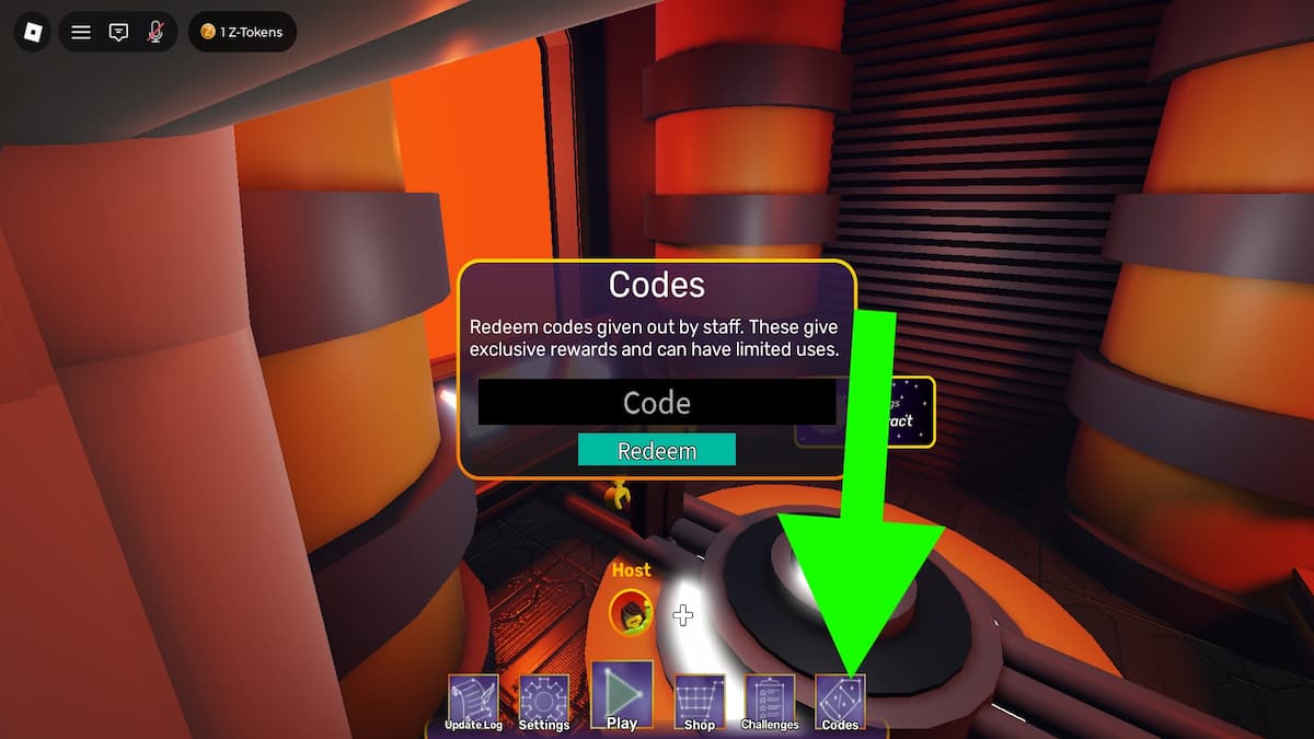 Roblox Reminiscence Zombies code system. Arrow pointing to the codes button.