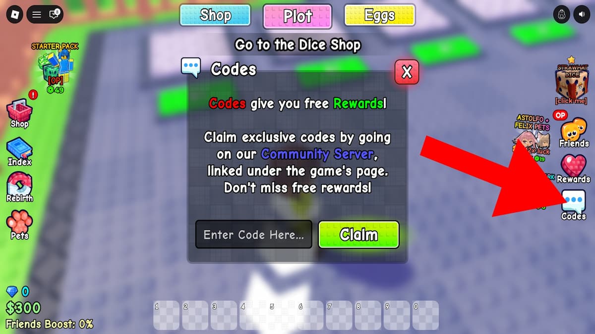 Roblox Spin a Femboy code system. Arrow pointing to the Codes button.