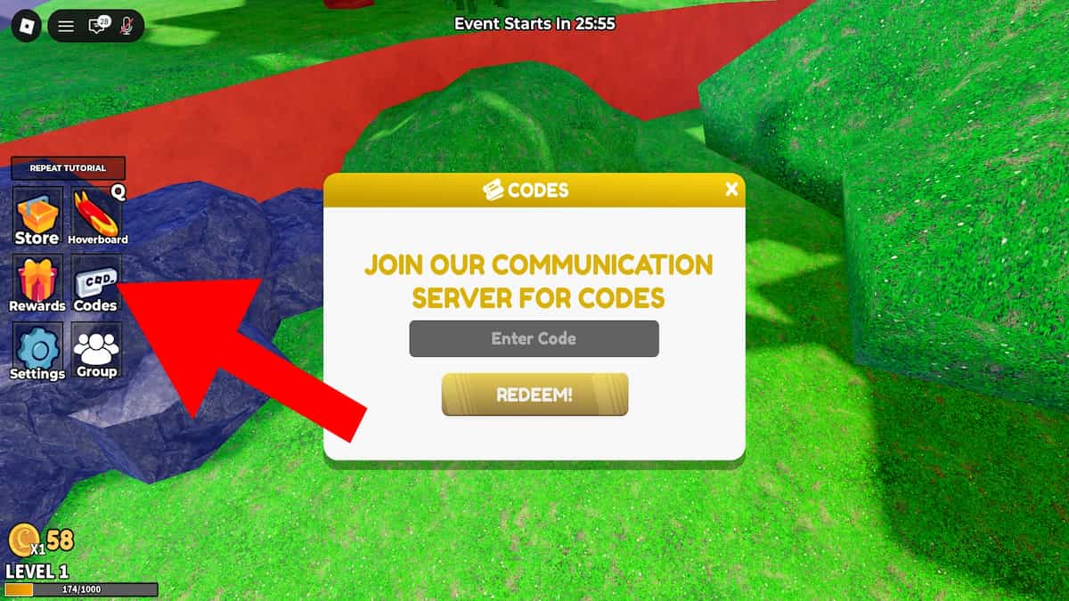 Roblox Stay For Fortune code system. Arrow pointing to the Codes button.