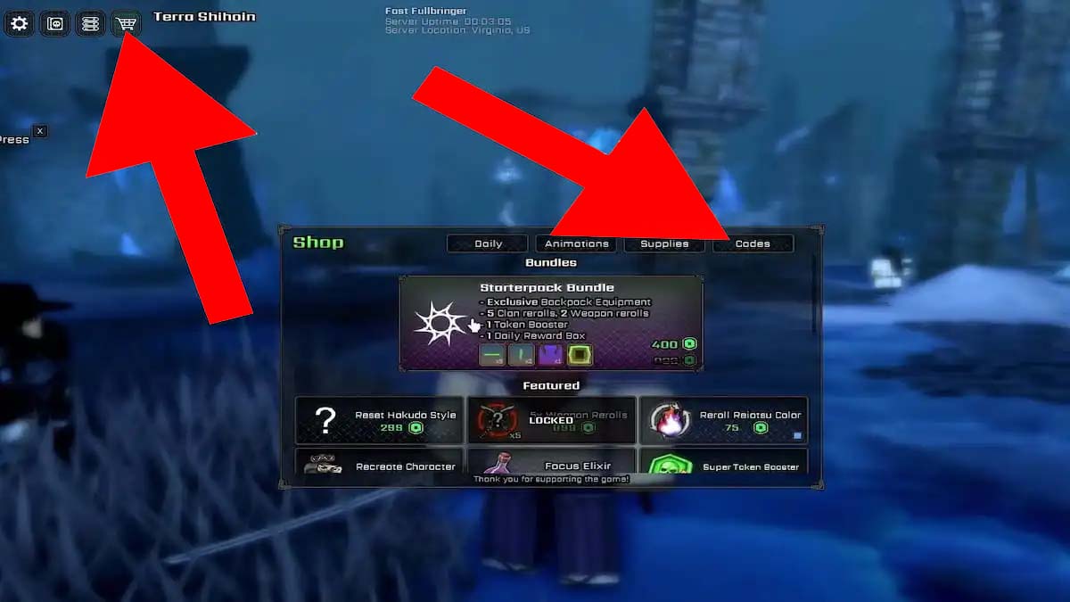 ULTIMATUM codes redemption screen showing the arrow pointing to the Codes Redemption system.