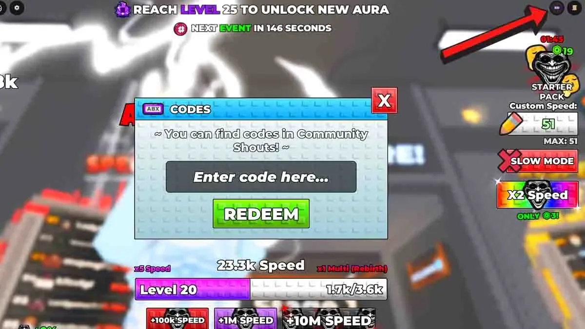 How to redeem codes in +1 Aura Speed Escape