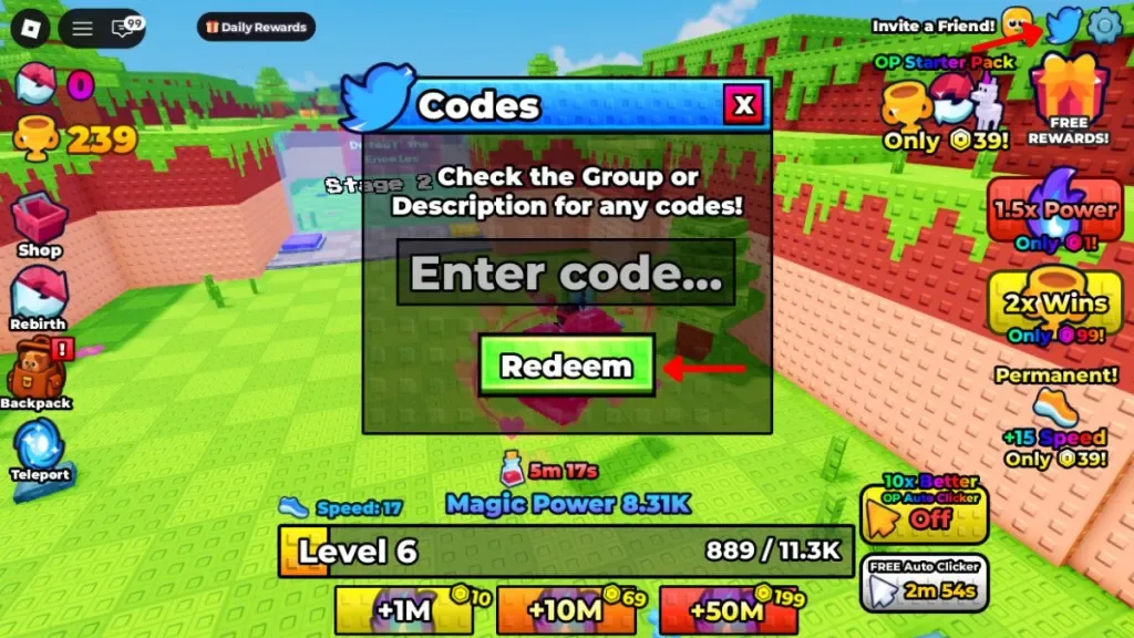 How to redeem codes in +1 Magic Evolution
