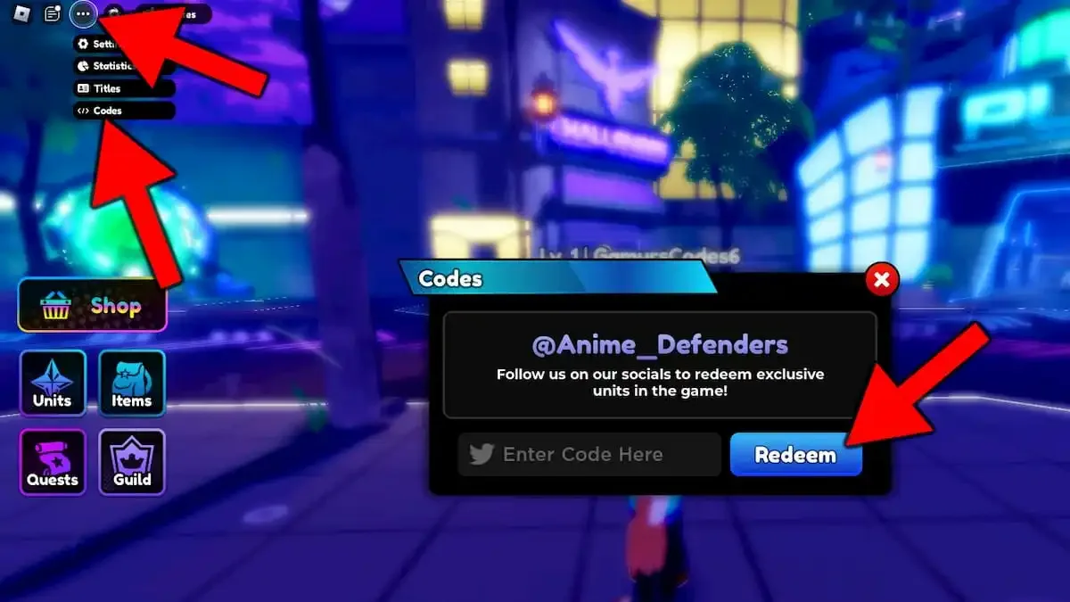 How to redeem codes in Anime Defenders