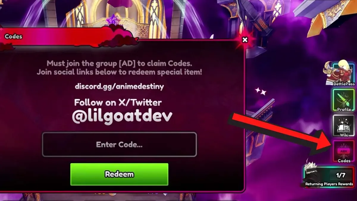 How to redeem codes in Anime Destiny