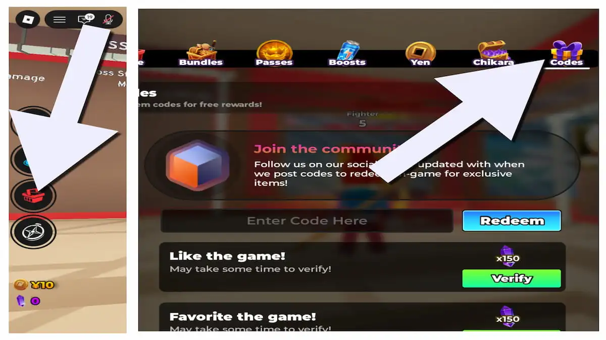 Arrows pointing to Roblox AFS shop button and codes tab.