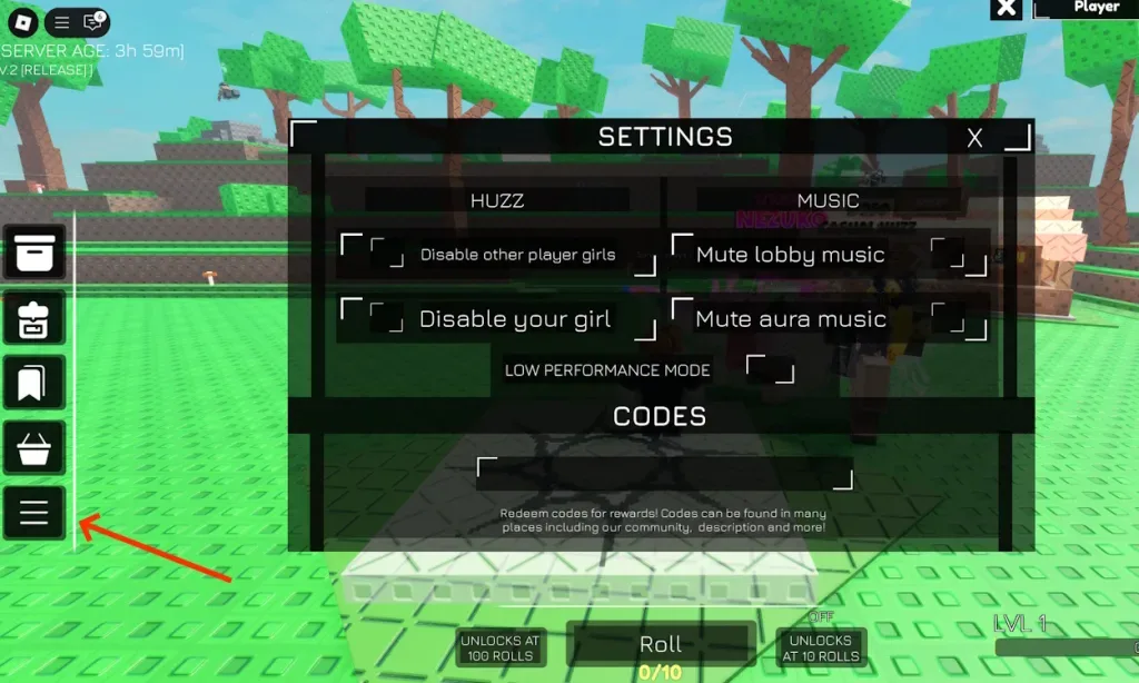 How to redeem codes in Anime Girl RNG (Huzz RNG)