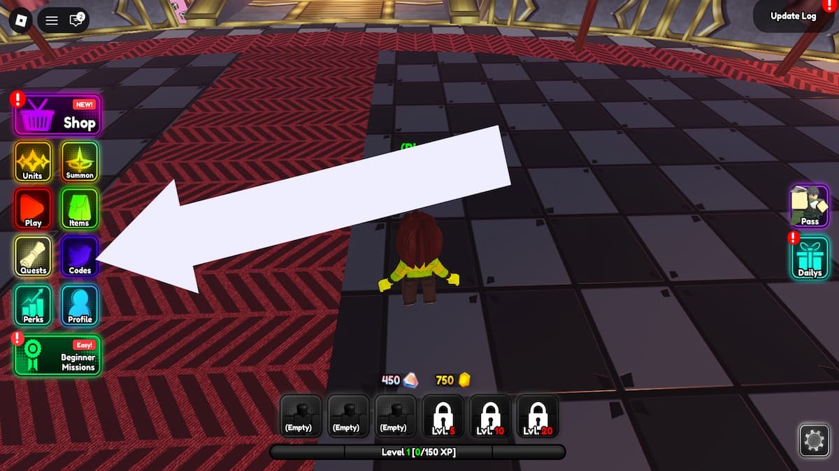 Arrow pointing to the code button in Anime Squadron