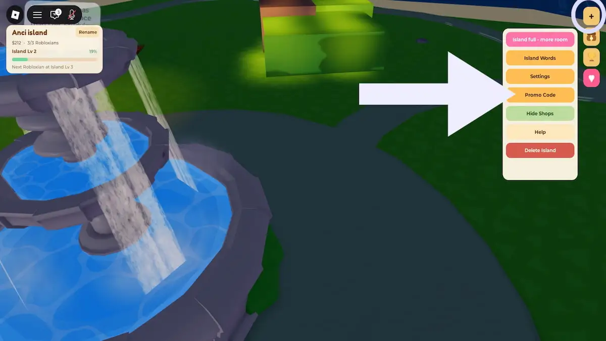 Roblox Bloxodachi Life code redemption system. The menu button and the arrow pointing to it.