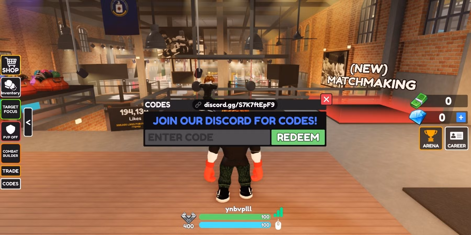 Roblox Boxing Beta: the Codes button