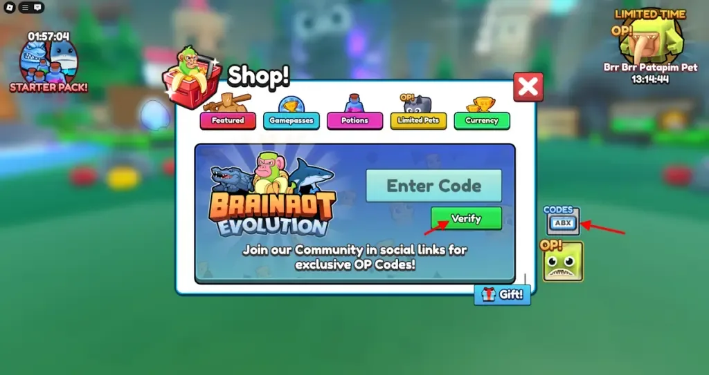 How to redeem codes in Brainrot Evolution