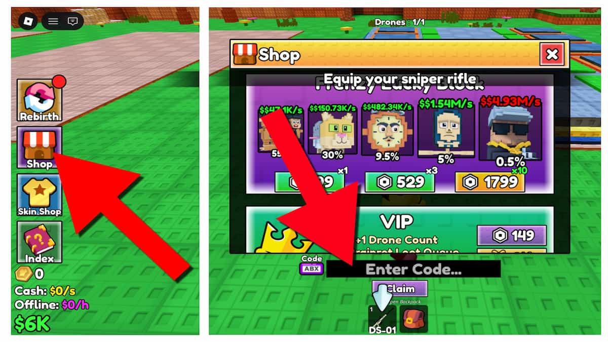 Roblox Brainrot Sniper code system. Arrows pointing to the shop icon and codes box.