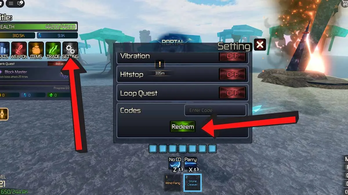 Roblox Broken Blade Codes redemption screen showing the arrow pointing to the Settings button on the left, and the code system.