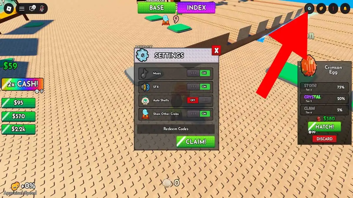 Roblox Crab Tycoon code system. Arrow pointing to the settings button.