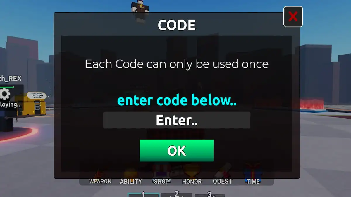 The Code Redeem Menu in Duel Warriors