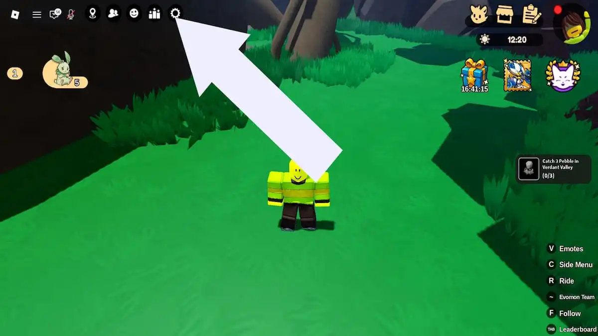 Roblox Evomon codes system. Arrow pointing to the Settings button.