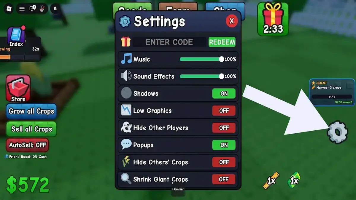 How to redeem codes in Grow It RNG