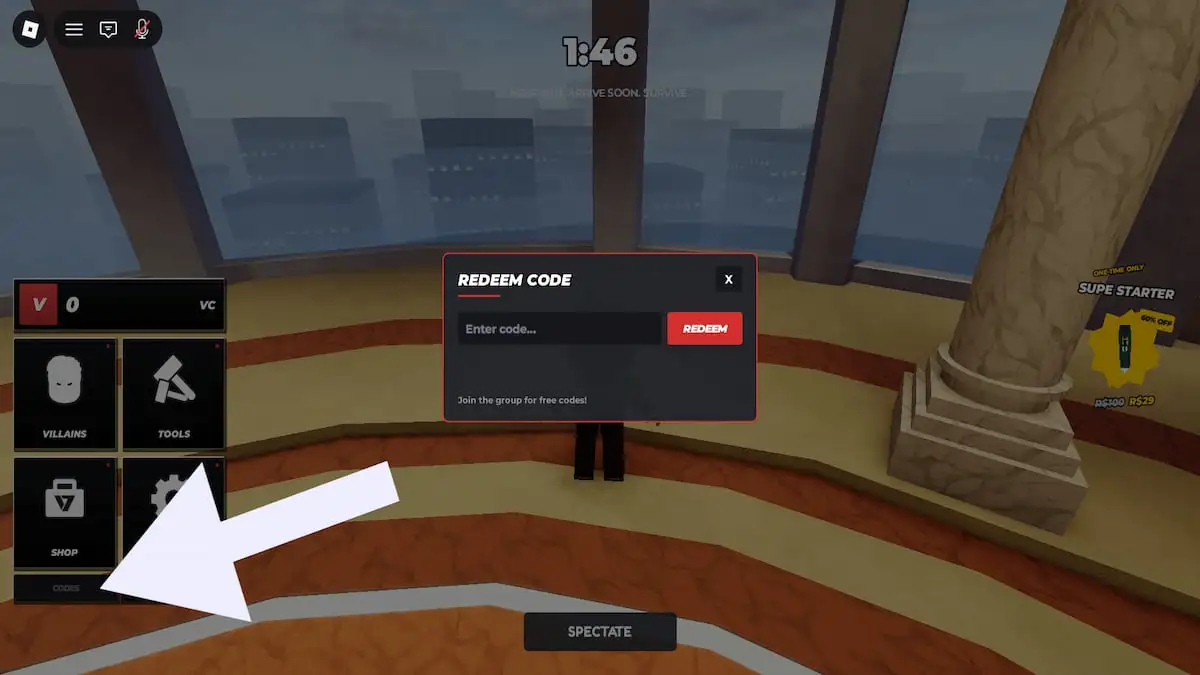 Roblox Hide From the Villain code system. Arrow pointing to the Codes button.