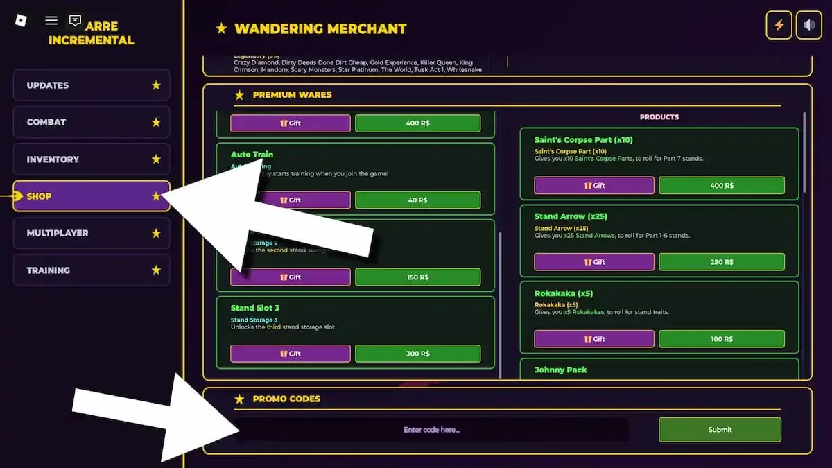How to redeem codes in JoJo's Bizarre Incremental
