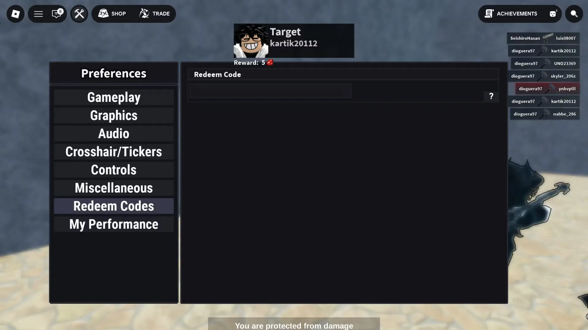 How to redeem codes in Knife Ability Test
