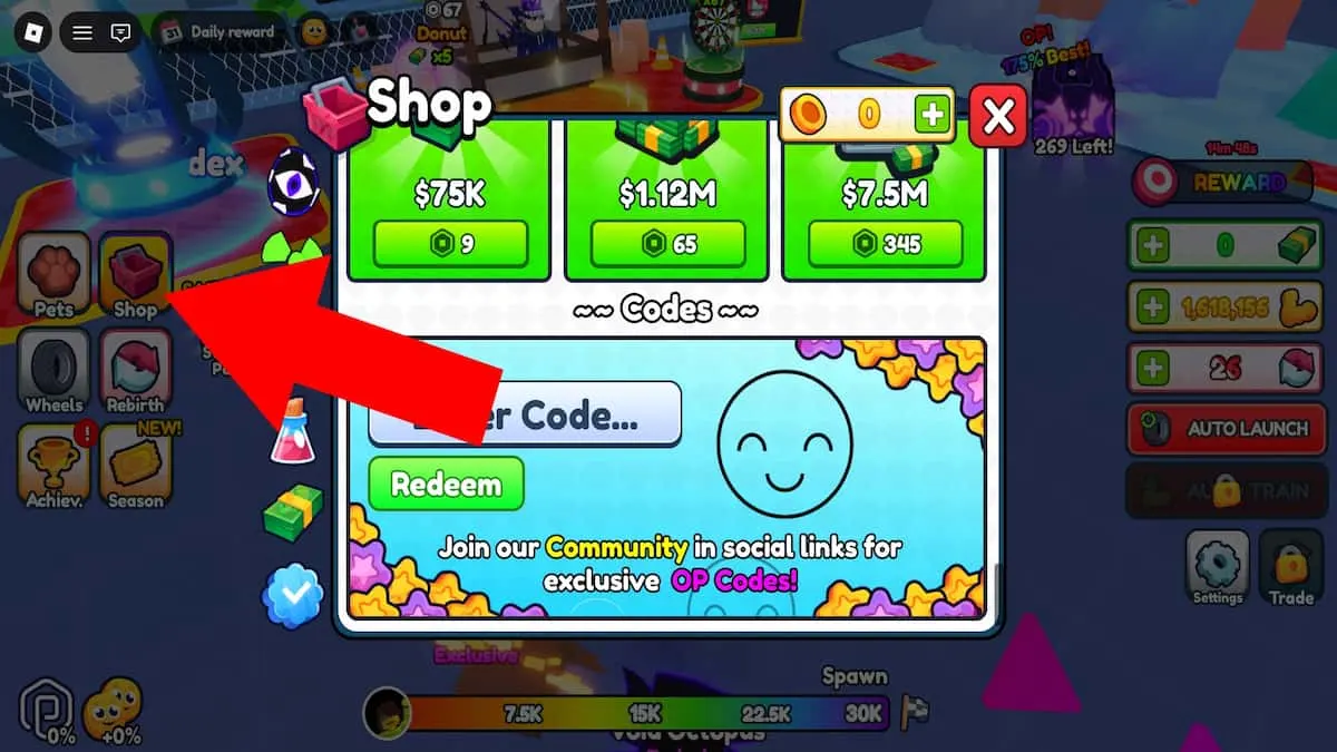 Roblox Launch a Wheel code system. Arrow pointing to the Shop button.