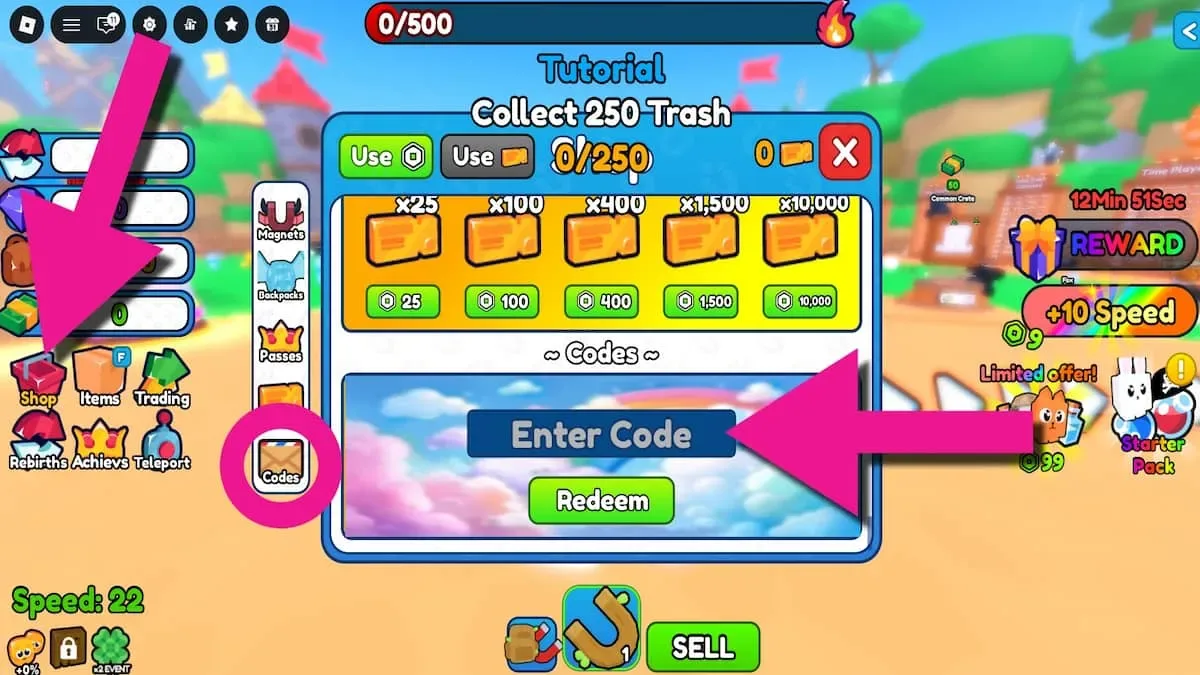 How to redeem codes in Magnet Trash Simulator