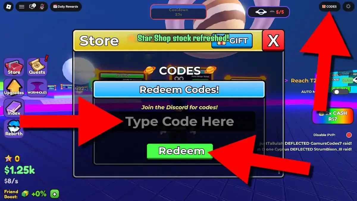 How to redeem codes in Merge a Black Hole