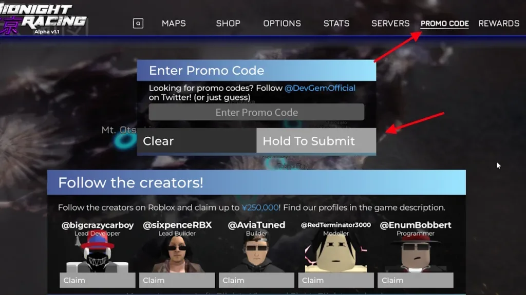 How to redeem codes in Midnight Racing Tokyo