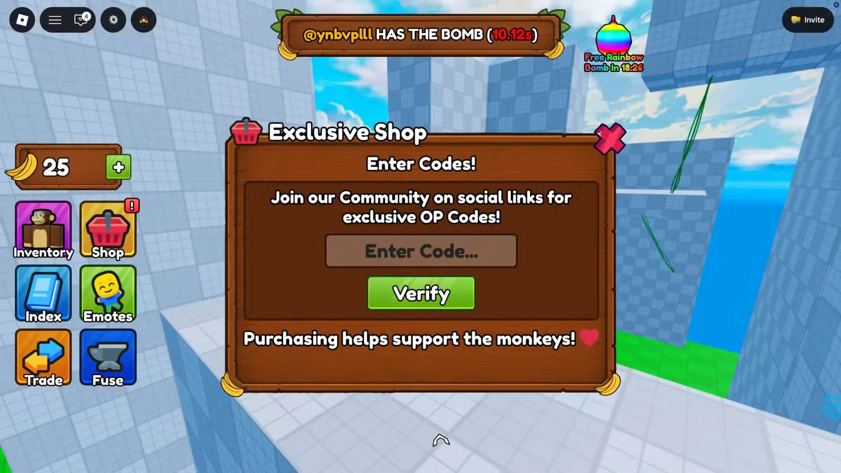 How to redeem codes in Monkey Bomb Tag