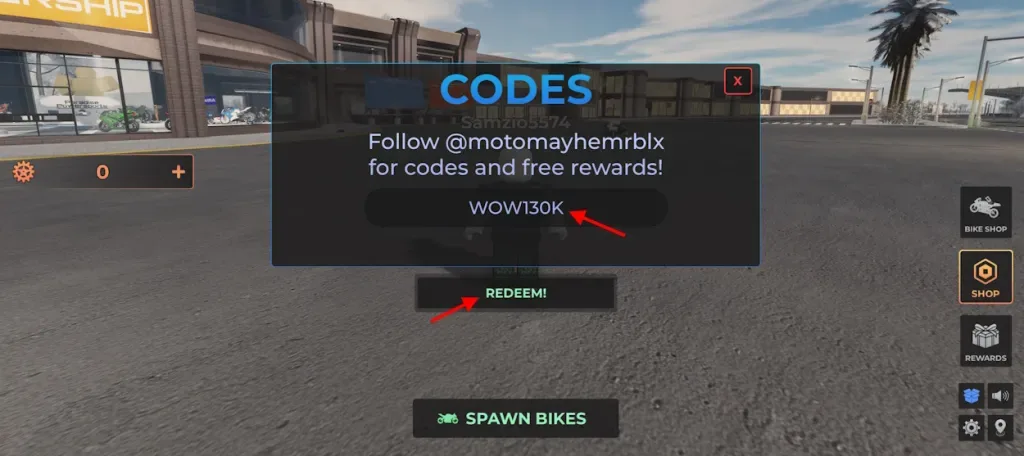 How to redeem codes in Motorcycle Mayhem