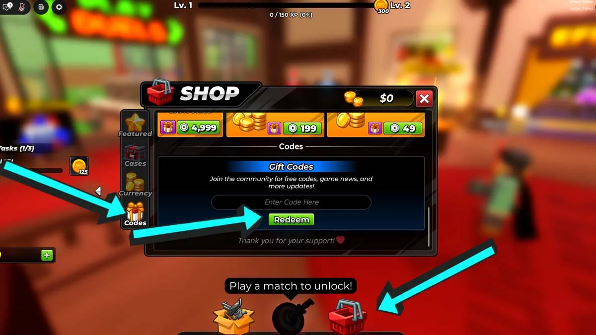 Murder Duels codes redemption screen showing the arrow pointing to the Shop icon at the bottom, and the code redemption system.