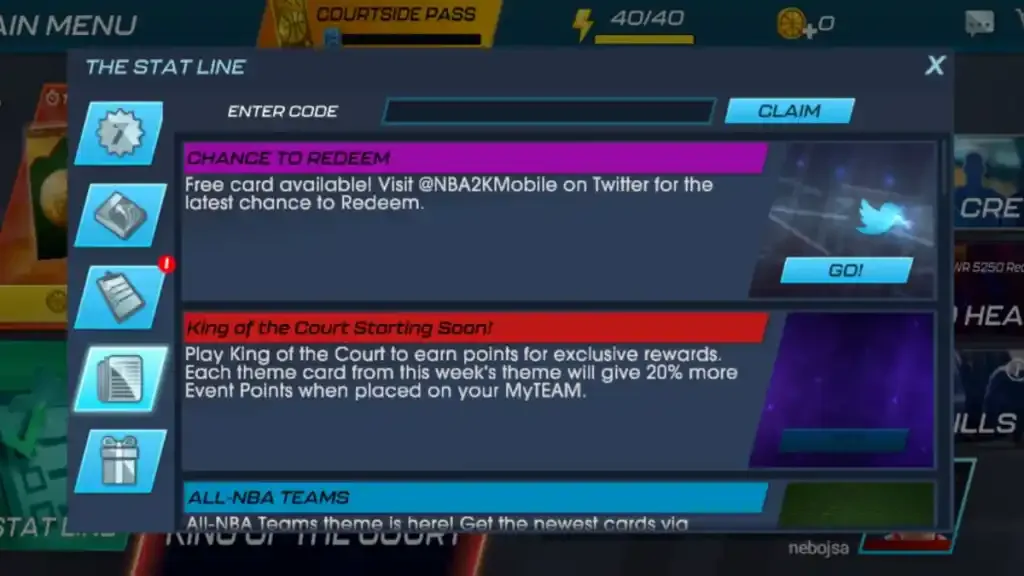How to redeem codes in NBA 2K Mobile
