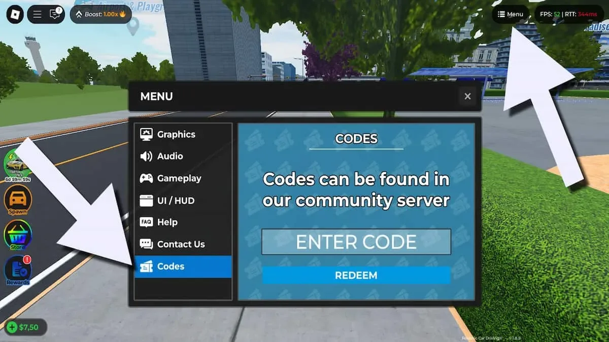 How to redeem codes in Realistic Car Driving