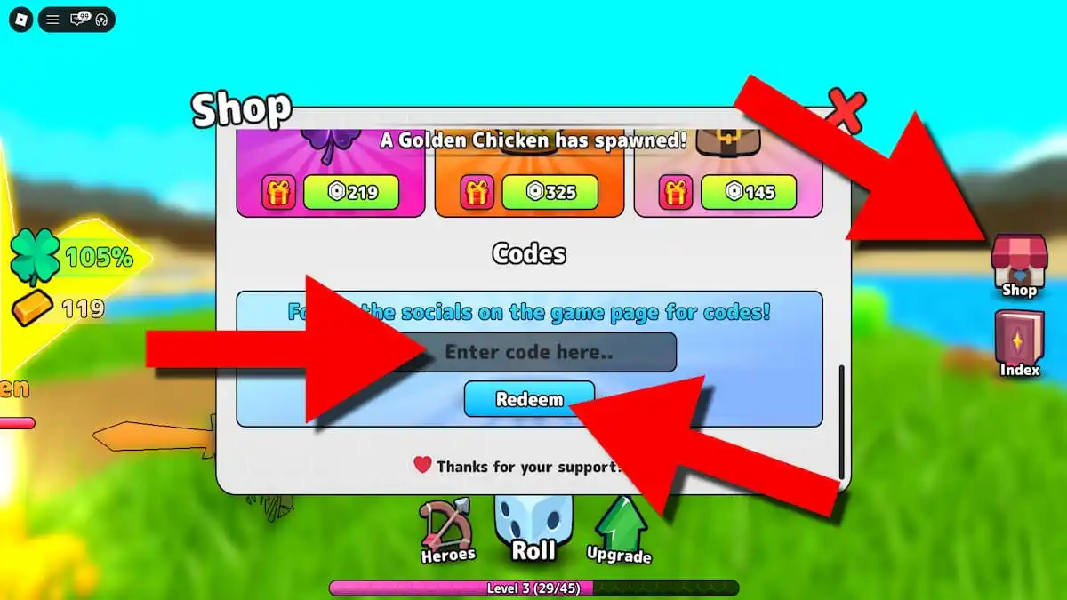 RNG Heroes codes section screenshot