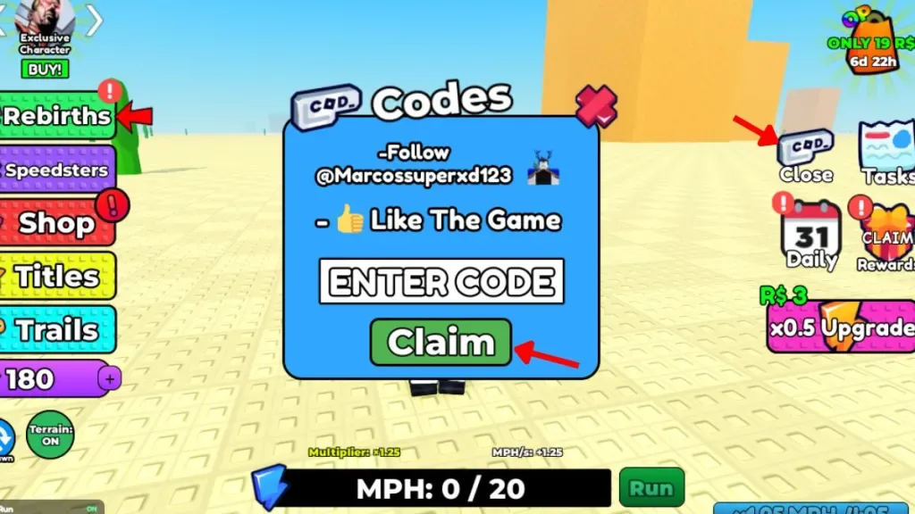 How to redeem codes in Speedsters Infinite