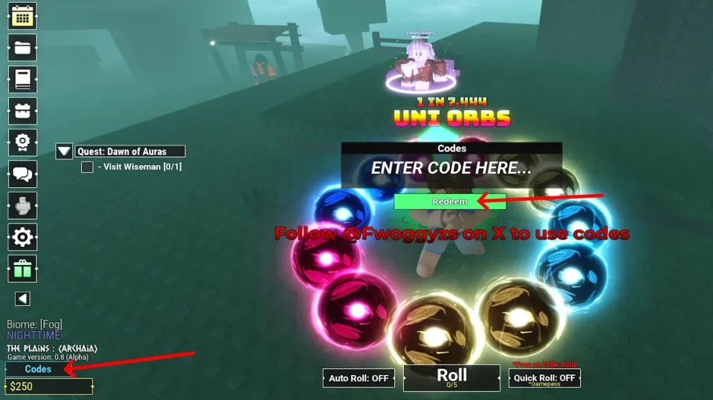 How to redeem codes in Unknown RNG
