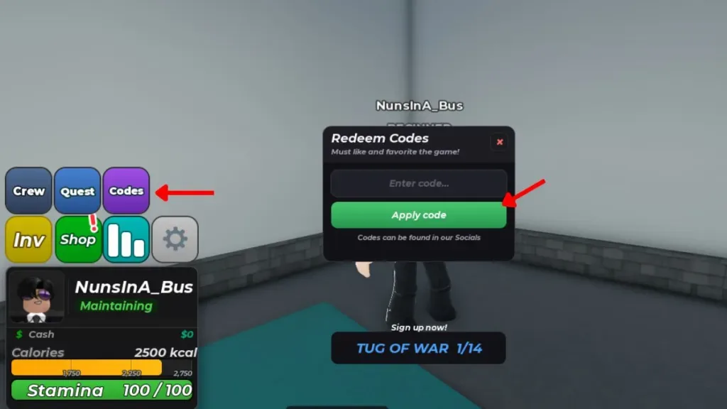 How to redeem codes in Untitled Gym Game