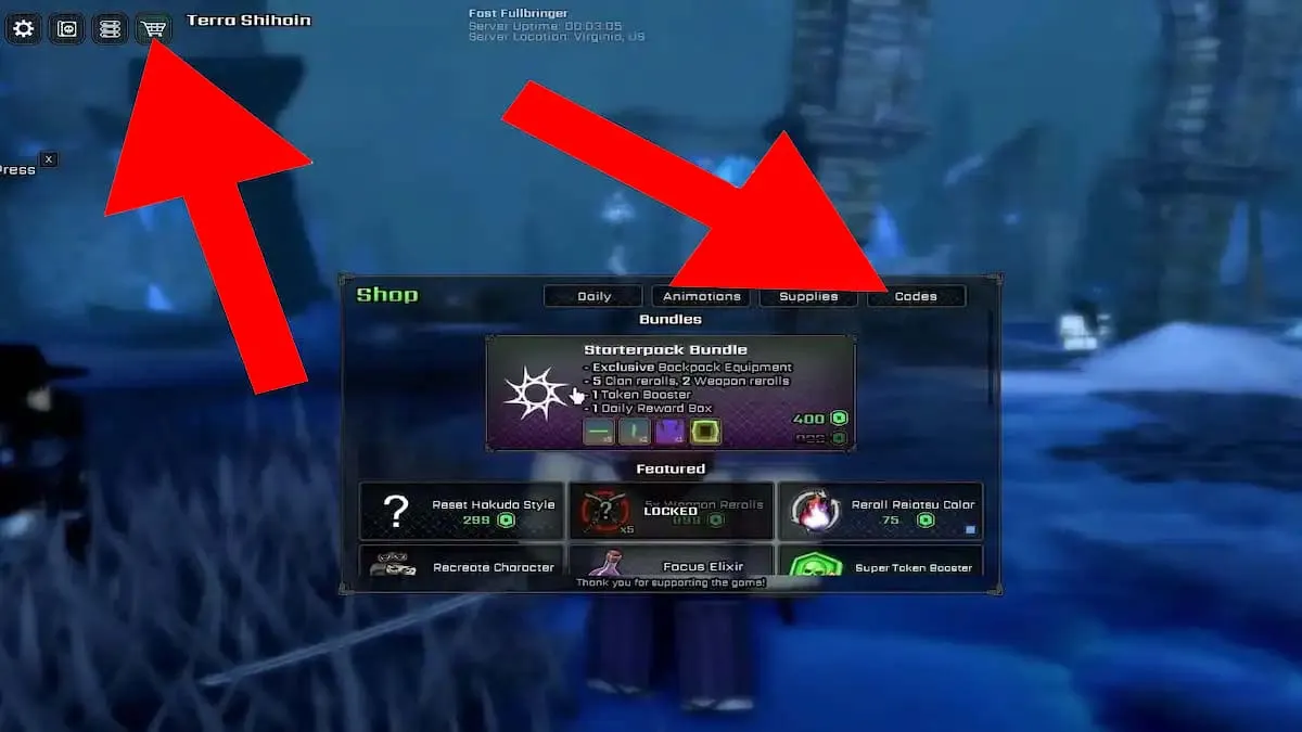 ULTIMATUM codes redemption screen showing the arrow pointing to the Codes Redemption system.