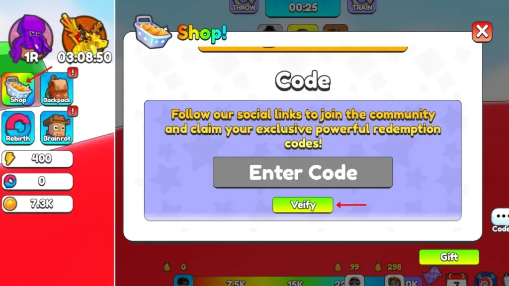 How to redeem codes in Yeet a Brainrot