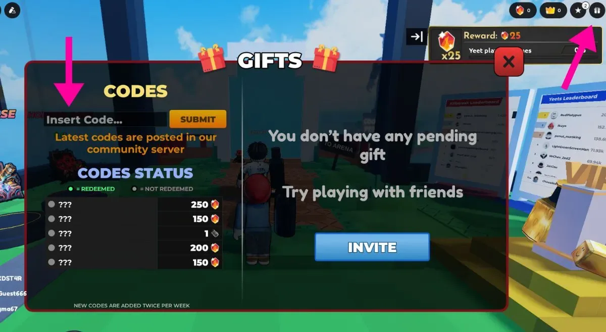 How to redeem codes in Yeet Battles