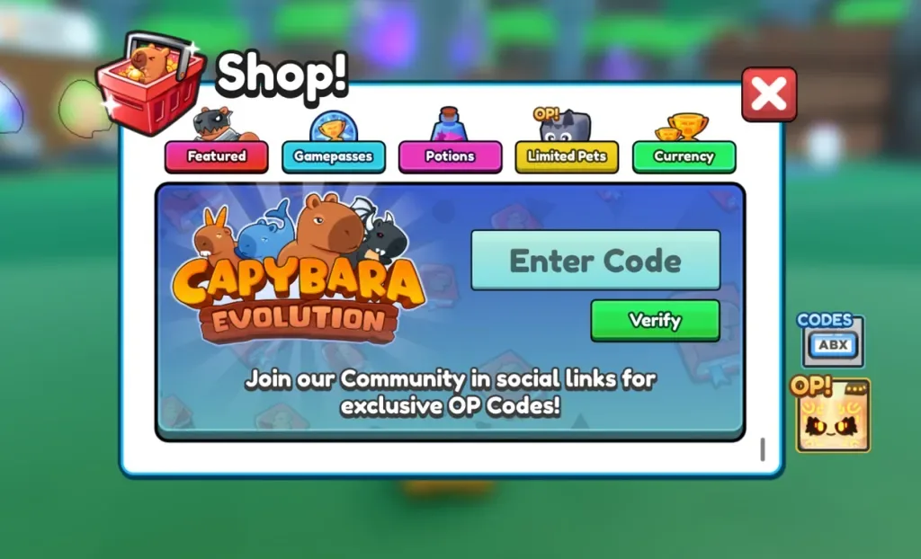 How to redeem codes in Capybara Evolution