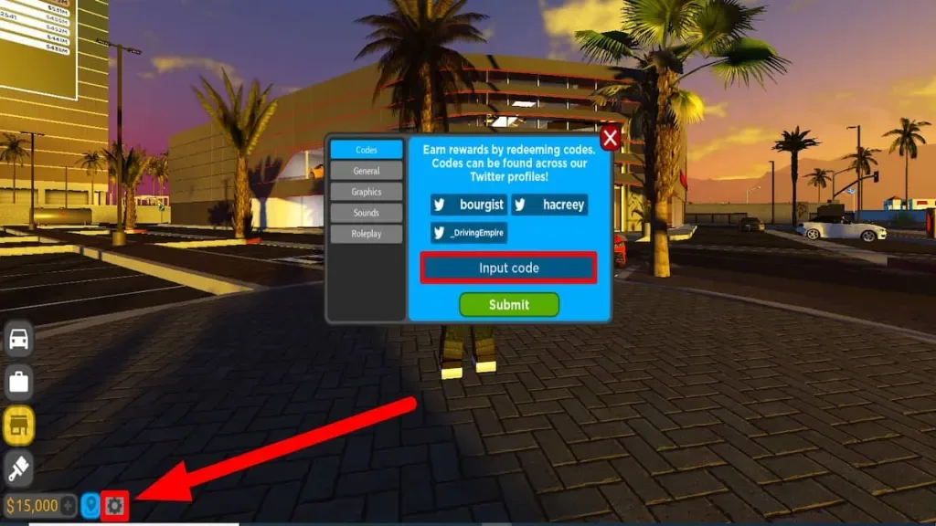 How to redeem codes in Driving Empire Car Racing