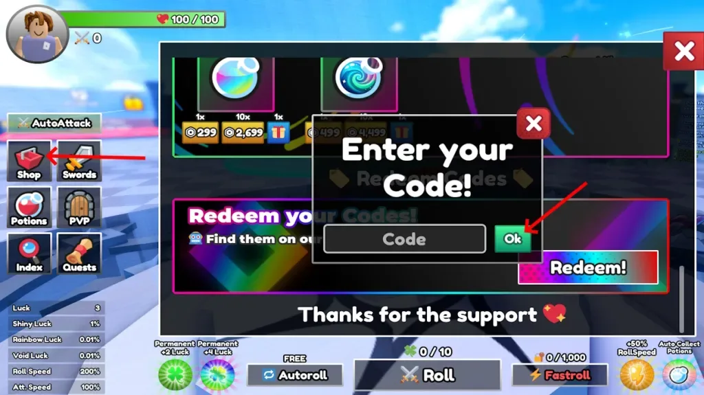 How to redeem codes in Dungeon RNG