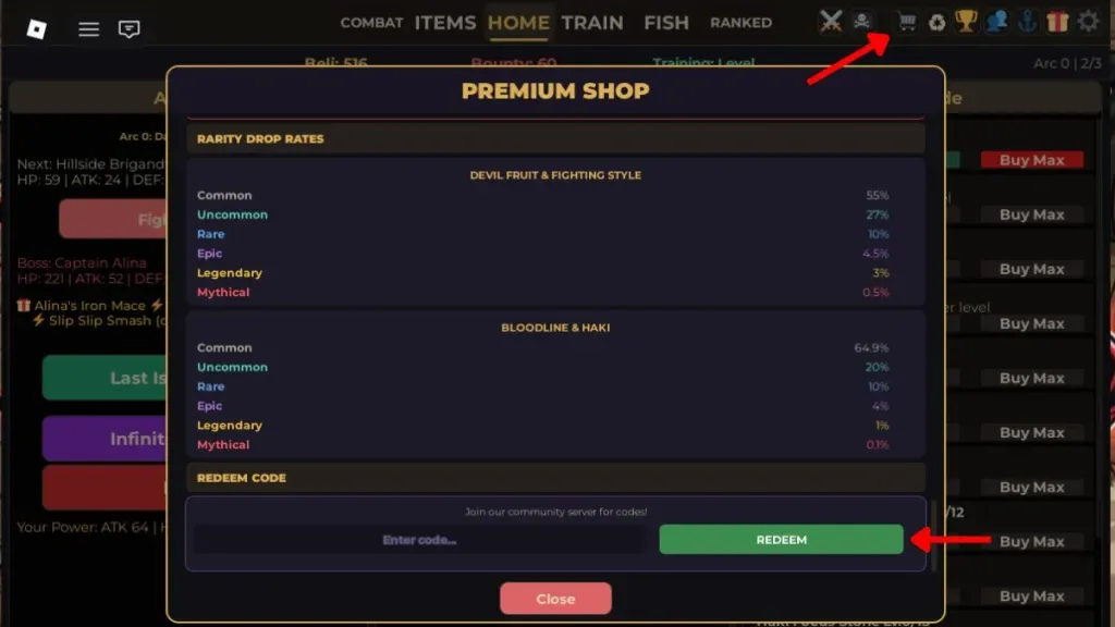 How to redeem codes in Fruit Piece Incremental