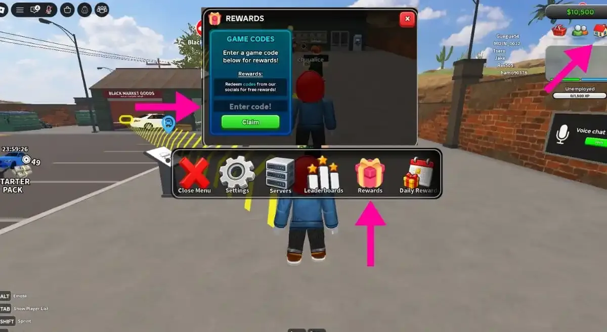How to redeem codes in San Diego Border Roleplay