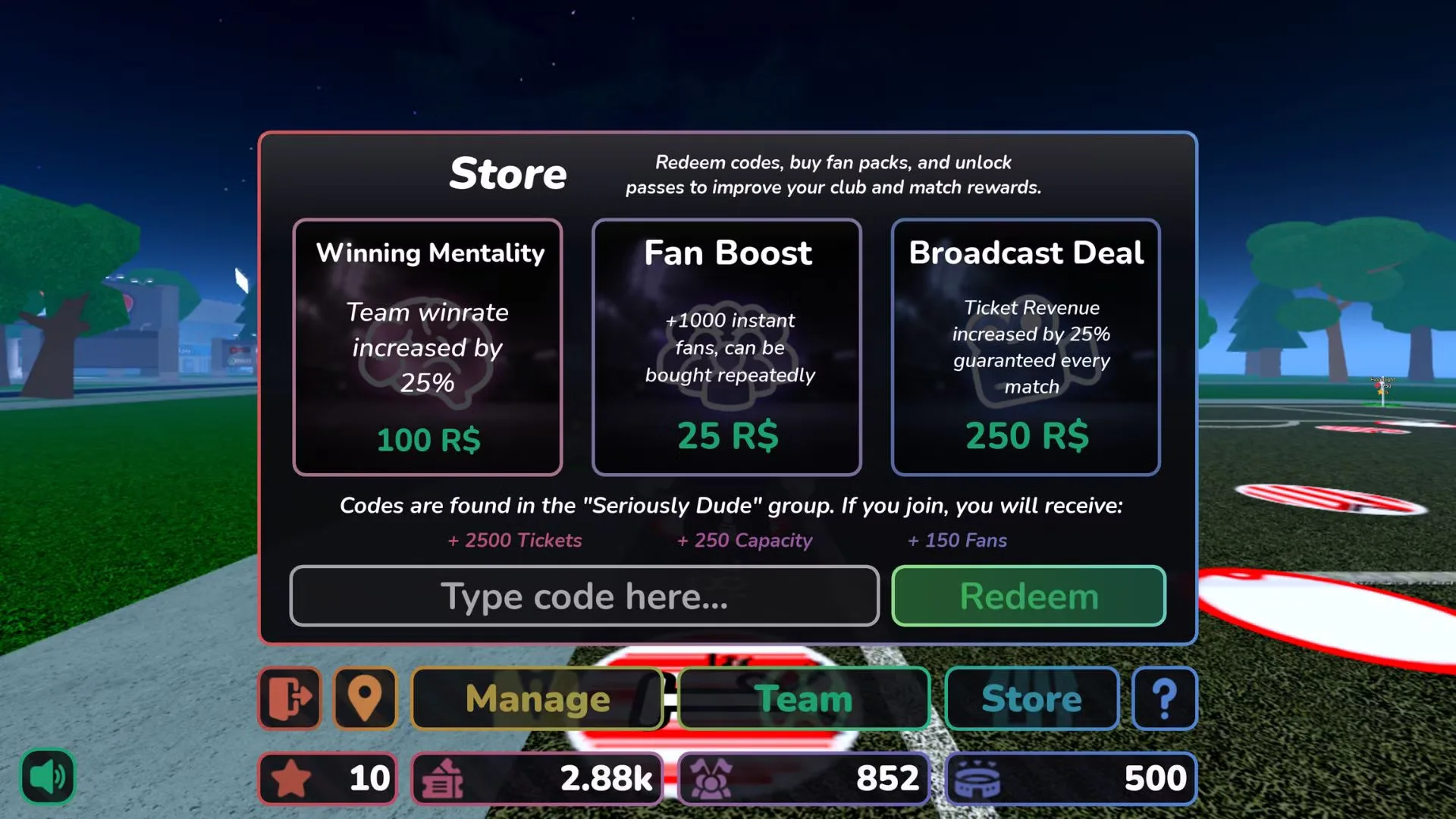 How to redeem codes in Stadium Simulator 2