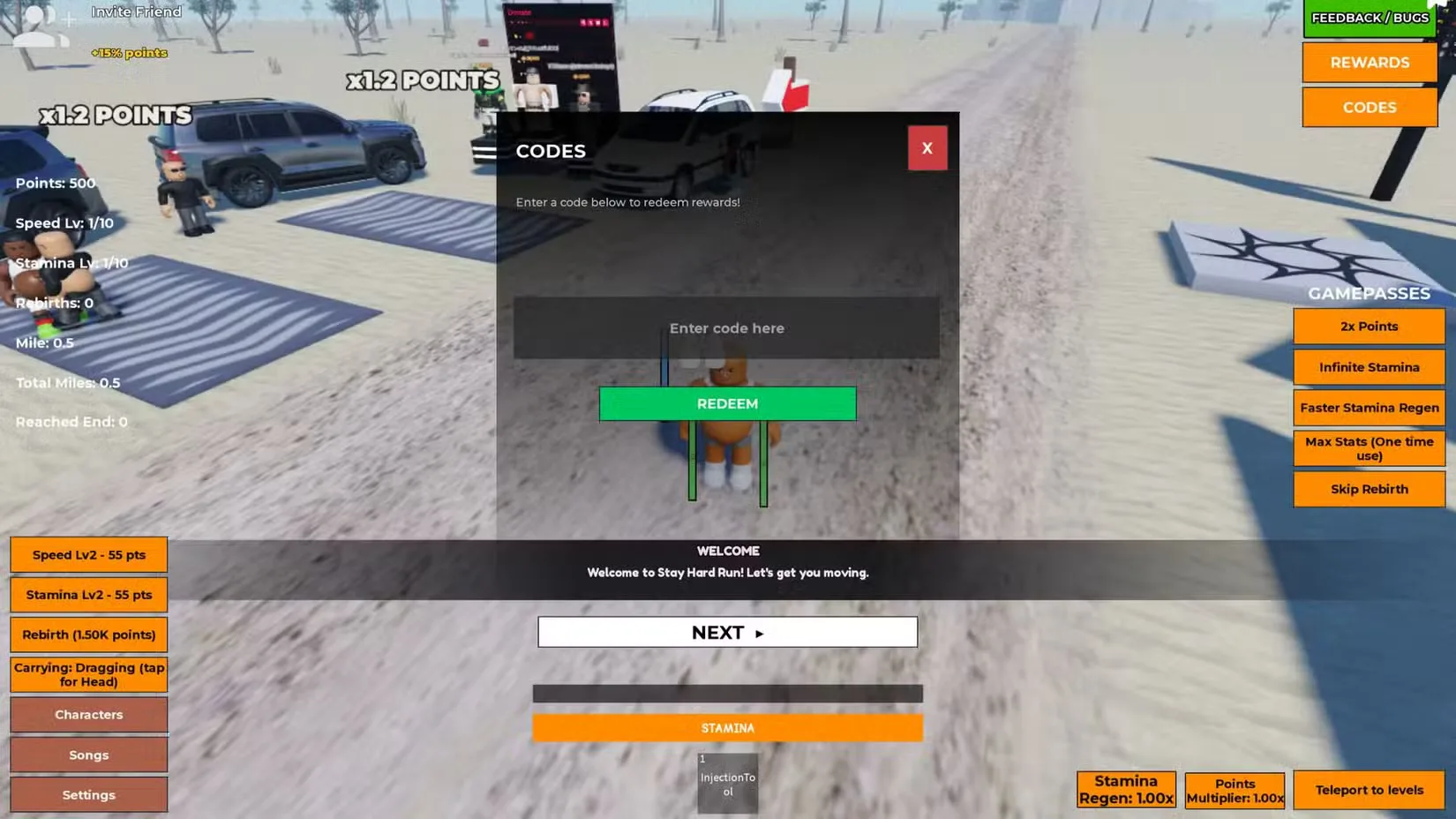 How to redeem codes in Stay Hard Run