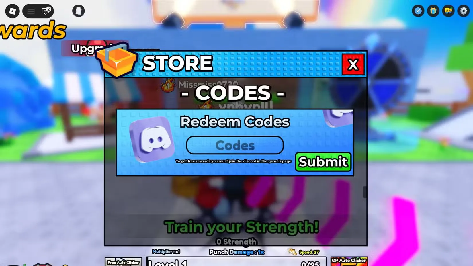 How to redeem codes in +1 Fist Per Click